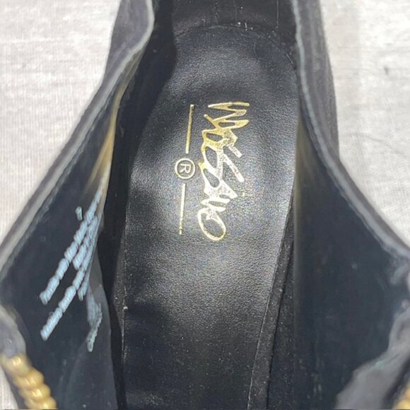 Mossimo Peeptoe 4.5" Heel Front Zip Booties Women's 7 Black Faux Suede Gold Trim - Picture 5 of 7